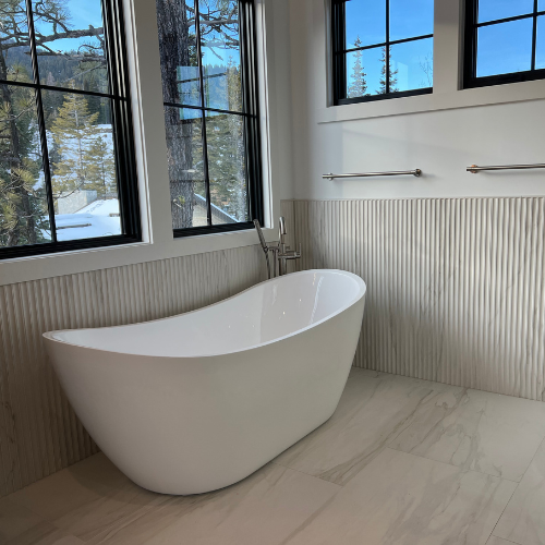 showroom bathroom, windows, flooring, white bathtub